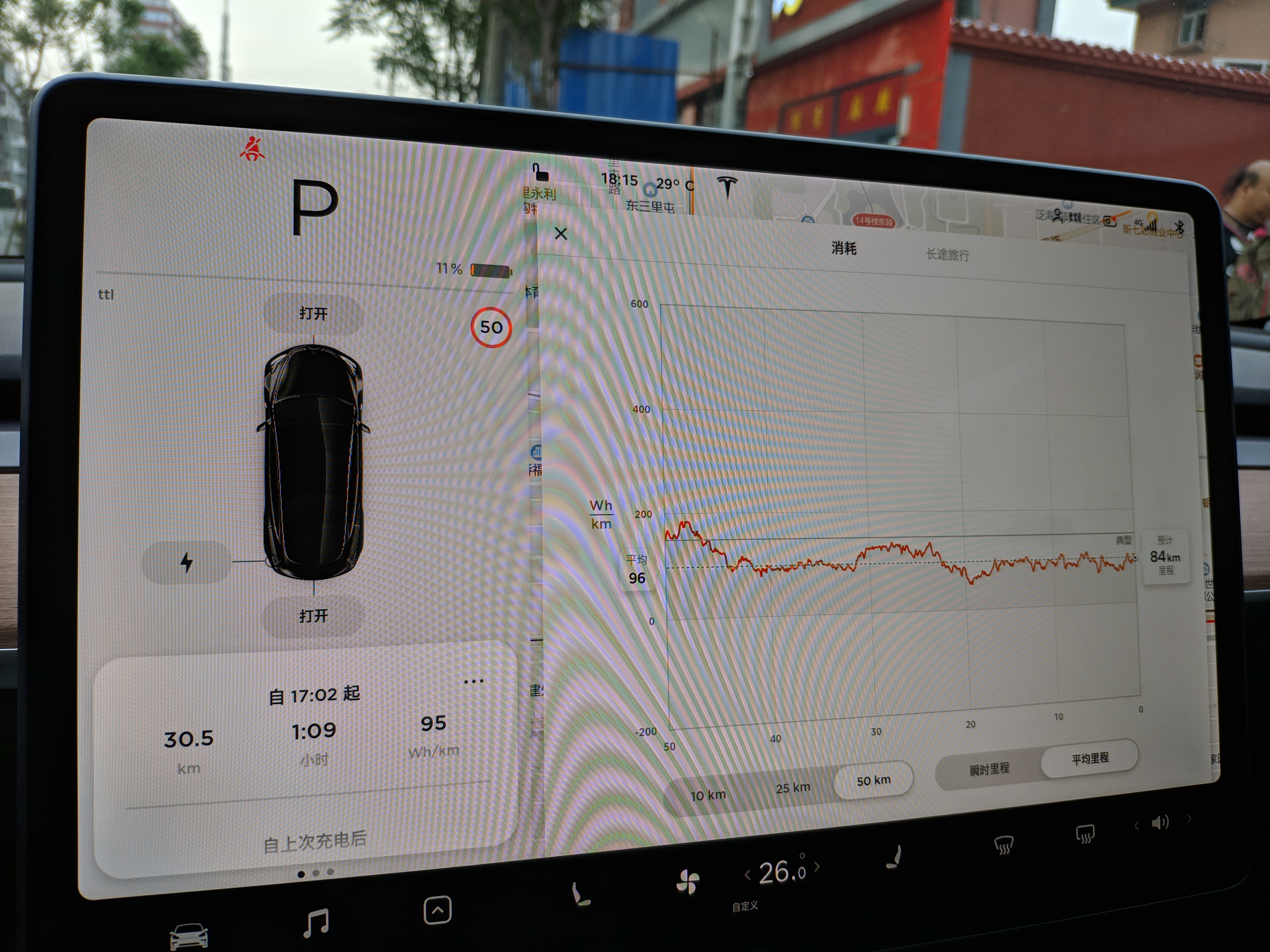 今天北京清河到通惠河往返，第一次把五十公里平均能耗刷到了100以下，哈哈哈，25公里的平均也很优秀。
14%电出门，往返60多公里，于是把空调调高到26度了，开到超充剩6% - 图片 1