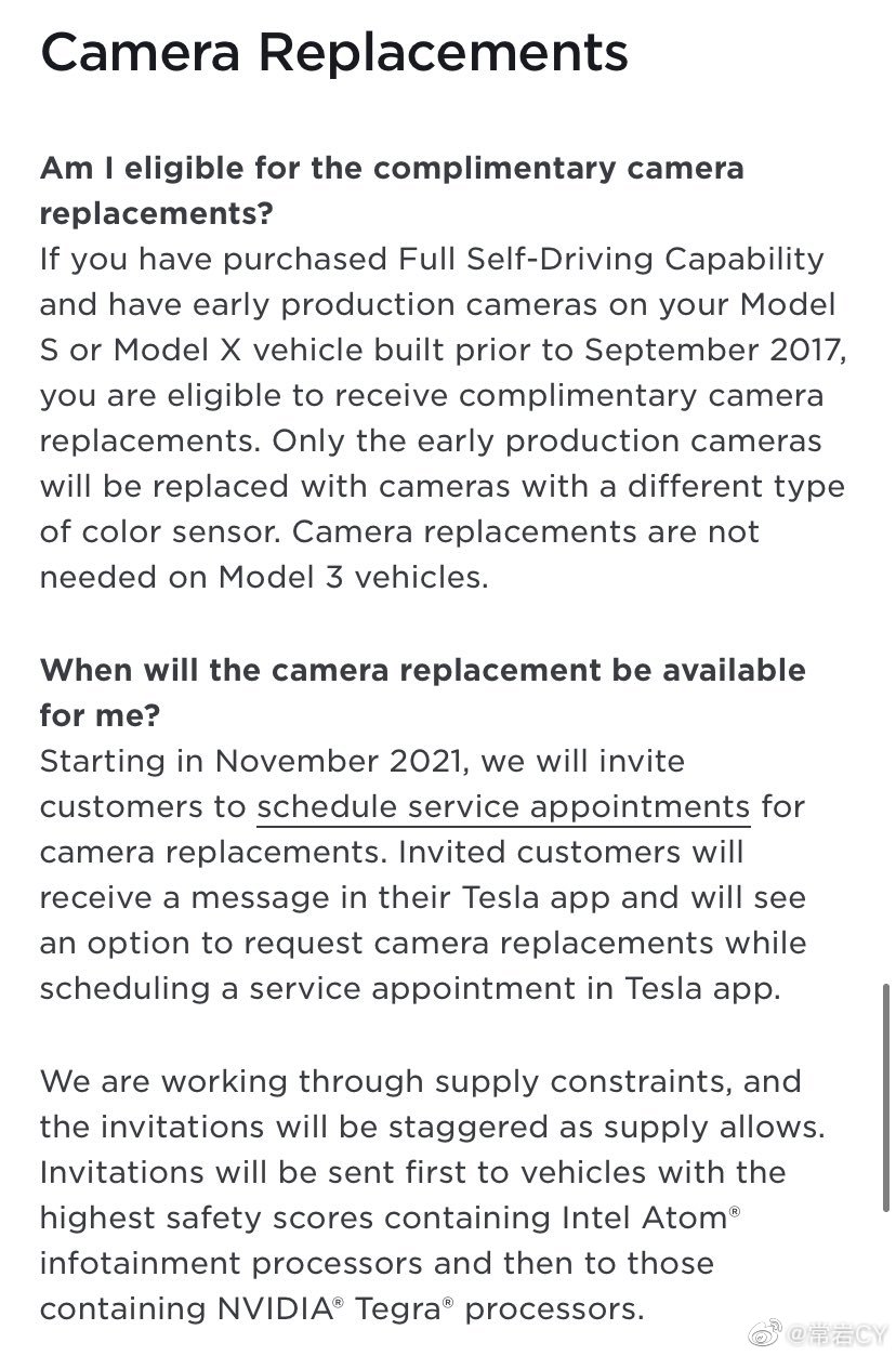 特斯拉宣布，将为购买了 FSD 的 2017 年 9 月之前的 Model S 和 Model X 提供免费的摄像头更换服务。

 • 车主将被邀请在 Tesla 应用程序上安排服务预约。

 • 它 - 图片 2