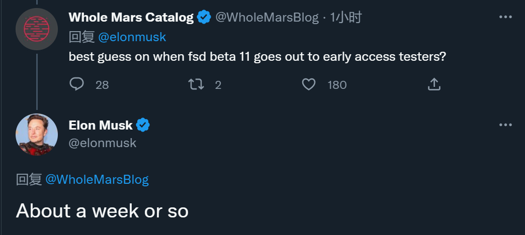 Elon Musk：特斯拉 FSD Beta 11 大约还要一周左右时间。

Elon Time 算下来差不多圣诞前后推送吧#新能源大牛说#

#新能源汽车#

  - 图片 1